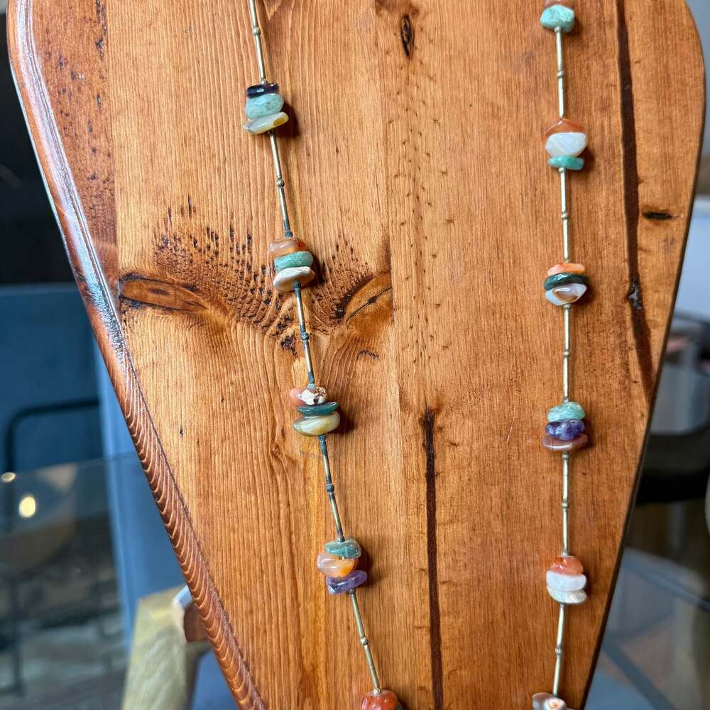 Vintage Mixed Stone Necklace | Brass Rod Link Chain | Boho Earth Tone